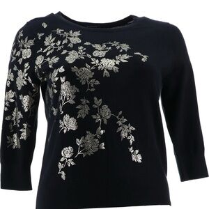 Lands' End Black and Silver Crew Neck Sweater with Floral Embroidery